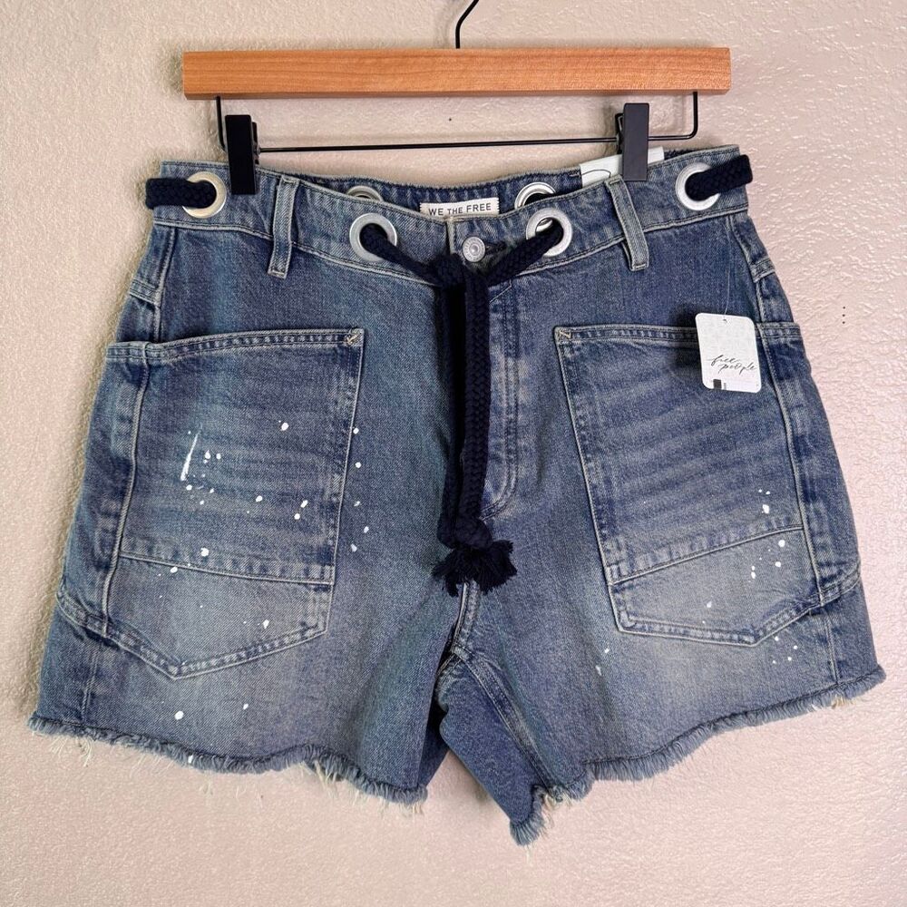 Free People Moxie Barrel Shorts We The Free Rope Tie Slouchy Blue Denim 27 NEW - Picture 2 of 14